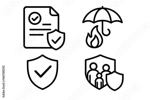 Vector icons representing insurance concepts including policy documents, risk protection symbols, fire safety, family security, and shield graphics for easy editing in cartoon style