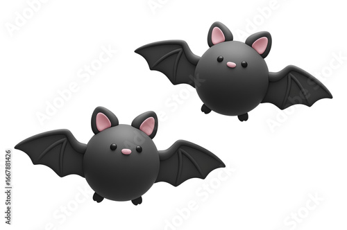 Two cute, cartoon-style bats with rounded bodies, large wings, and small ears, featuring pink accents and expressive faces.