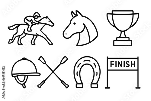 Vector illustration of equestrian symbols depicting horse racing events, jockey, horse head, trophy, helmet, crossed whips, horseshoe, finish line in minimalistic cartoon style