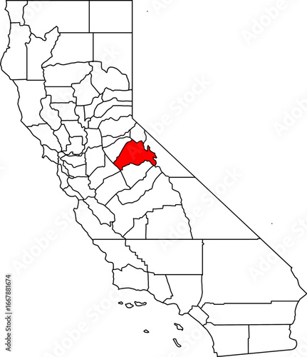 Map of California highlighting Tuolumne County. Ideal for projects on its Gold Rush history, the Sierra Nevada, and the northern part of Yosemite National Park.