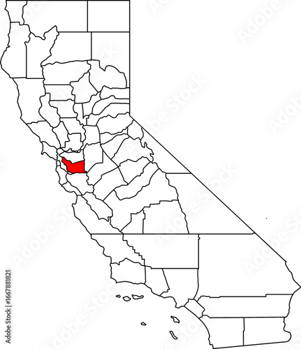 Map of California highlighting Alameda County. Perfect for projects on the San Francisco Bay Area, major cities like Oakland, and the region's diverse geography.