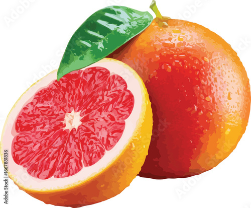 Red Grapefruit Half and Whole with Green Leaf citrus fruit