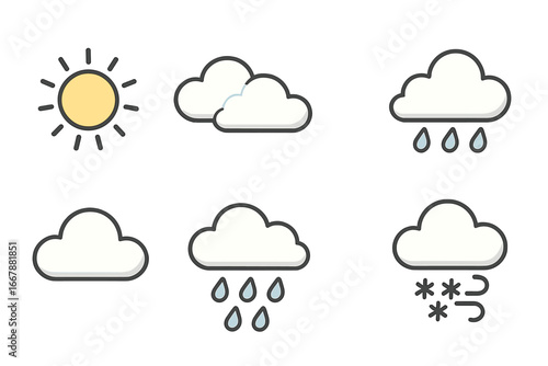 Weather icons representing various conditions including sun, rain, snow, clouds, and wind in a minimalistic vector cartoon style with transparent background for digital design