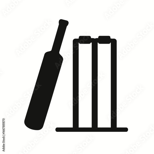Black Cricket Bat and Ball Silhouette on White Background for Cricket Sports