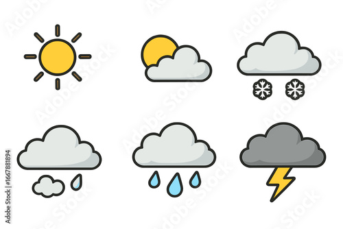 Weather icons set representing sun, clouds, rain, snow, thunderstorm in minimalistic flat vector cartoon style with transparent background for digital and print use