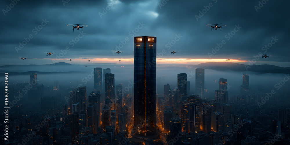 Fototapeta premium Fintech innovations and crypto regulations amidst urban drones over skyscrapers in a tech-driven cityscape