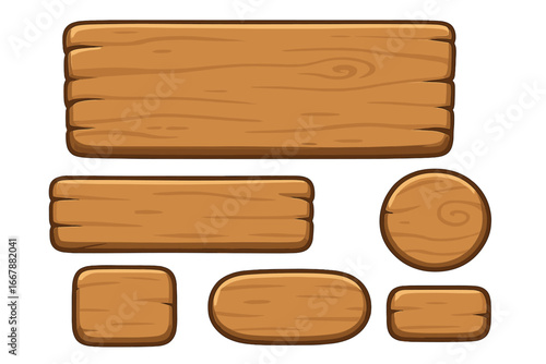 Vector cartoon wooden signboards and button designs in various shapes and sizes for games and applications with transparent background, ordered set of rustic wood panels and badges