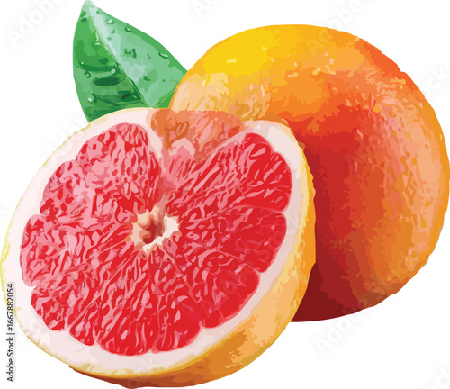Red Grapefruit Half and Whole with Green Leaves pink grapefruit 1