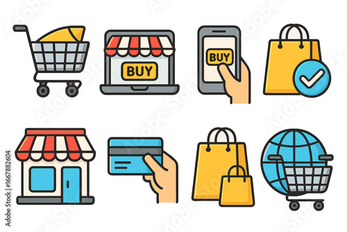 Colorful shopping icons representing various online and in-store purchasing activities, digital marketplace commerce, consumer behavior, e-commerce, retail vector cartoon illustration