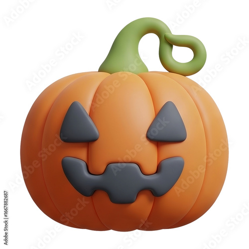 A playful, cartoon-style pumpkin with a smiling face and a green vine, designed for Halloween festivities.