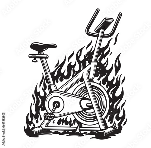 Intense exercise bike workout surrounded by flames vector illustration for fitness theme