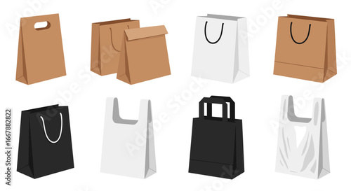 An assortment of recyclable paper and plastic shopping bags for retail and consumer use