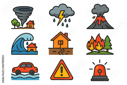 Various Natural Disaster Icons Depicting Severe Weather Conditions and Emergency Situations for Education and Awareness, Cartoon Style Vector Illustrations with Transparent Background