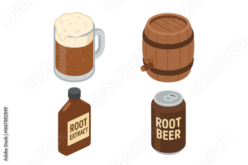 Root beer icon set. Isometric flat vector illustration. Beverage elements including a frothy mug, wooden barrel keg, root extract bottle, and sweet soda pop can.