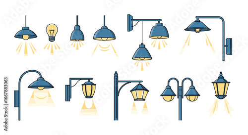 Collection of decorative outdoor and indoor lighting fixtures for homes and streets