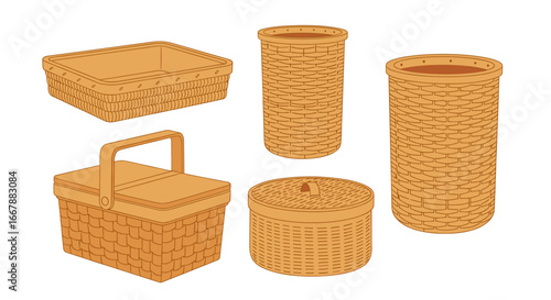 A collection of woven baskets and storage containers made from natural materials