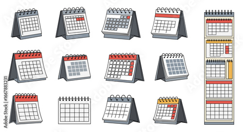 Collection of desktop calendars and desk planners showing different months and dates representing time organization and scheduling concepts