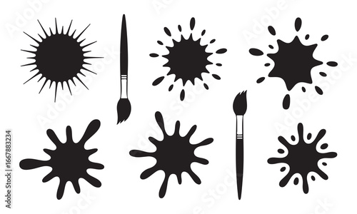 A collection of black silhouette graphics featuring various ink or paint splatters and two different paintbrushes, suitable for artistic or grunge-themed designs.