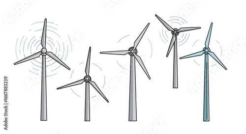 Collection of wind turbines generating clean renewable energy on a white background