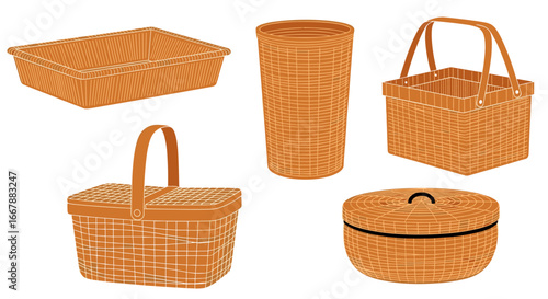 A collection of handwoven wicker baskets showcasing various shapes and styles for storage and decoration