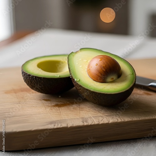 ​A hyperrealistic still life of a single, perfectly ripe avocado cut in half, revealing its smooth green flesh and pit.