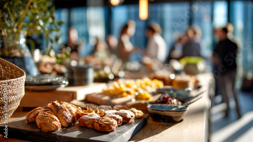 Fototapeta Naklejka Na Ścianę i Meble -  A diverse array of baked goods and fruits are beautifully arranged on a buffet table for a brunch or networking event.