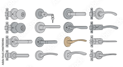Collection of interior door hardware featuring various lever and knob styles with deadbolt and keyed entry options