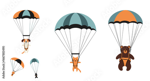 Cute animals enjoying a thrilling parachute adventure together high above the clouds