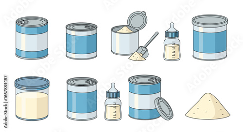 Collection of cans and bottles containing powdered milk for babies and infants providing essential nutrition for healthy growth