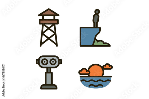 Scenic viewpoints icon set. Flat vector illustration of travel and tourism concepts. Includes lookout tower, cliff edge, vista binoculars, and ocean sunset photo stop symbols.