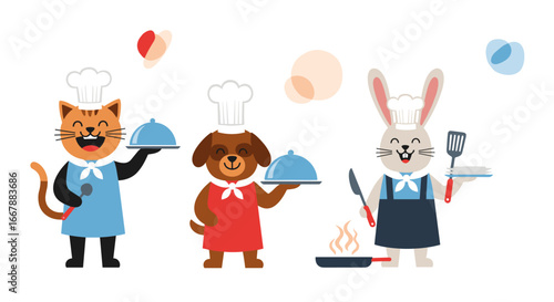 Cute cartoon animals dressed as chefs serving food and cooking together in a fun way