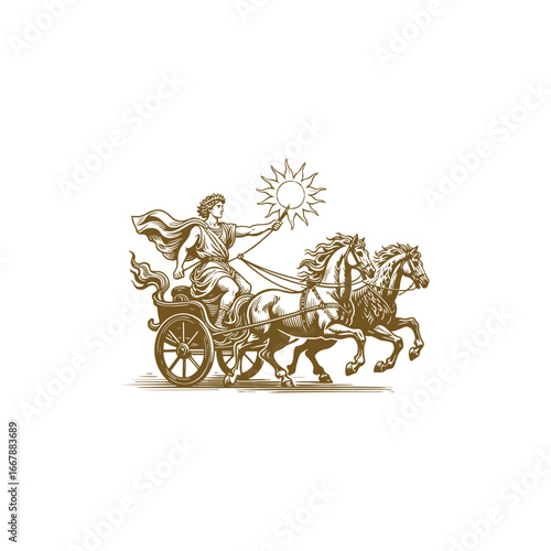 Flat vector engraving logo illustration of Helios, the Greek sun god, riding his radiant solar chariot