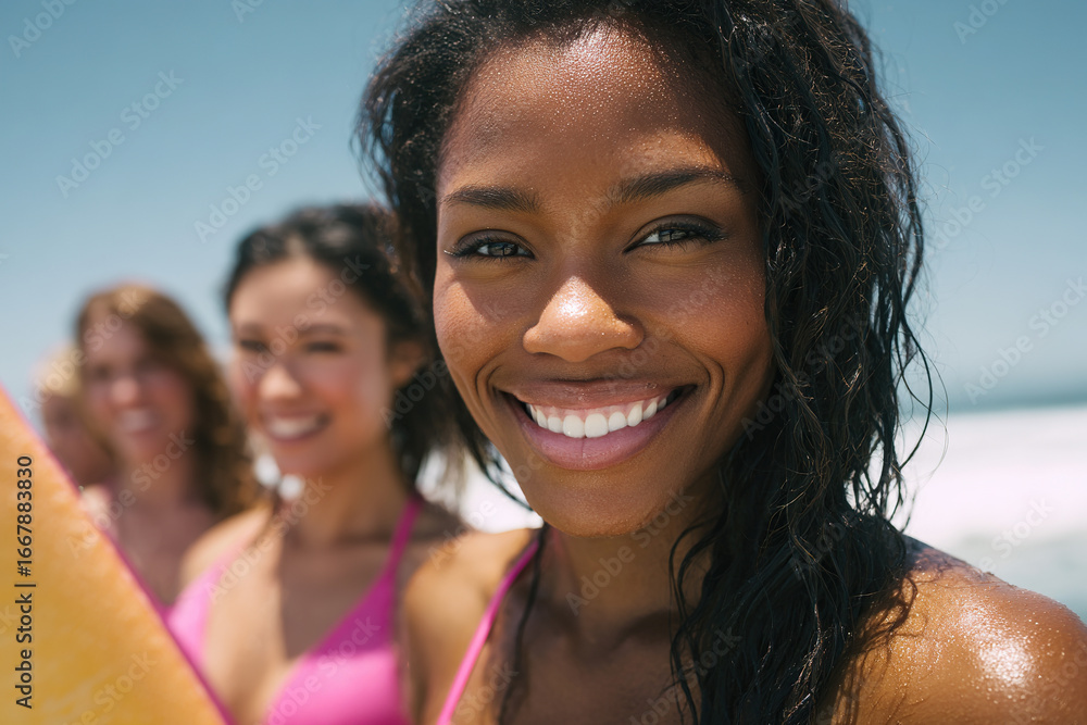 Fototapeta premium A radiant young woman with wet hair smiles against the ocean, holding a surfboard with friends in the background on a sunny day.