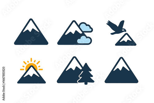Mountain icon set. Flat vector graphic collection. Snowy peak, summit silhouette with snowcap. Nature elements like clouds, sunrise, eagle, and pine tree for logo design.