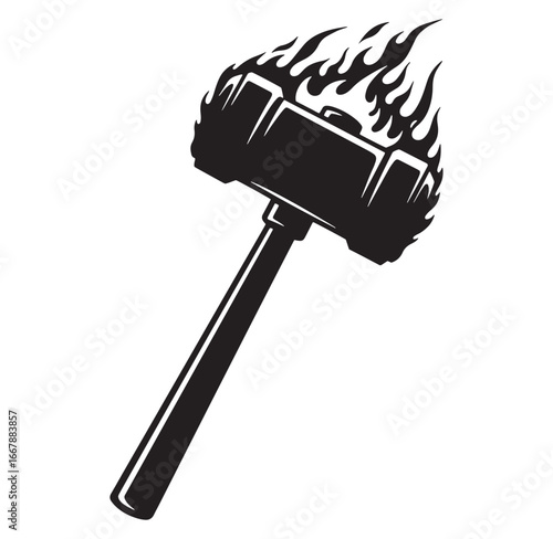 Powerful vector illustration of a fiery sledgehammer representing strength and impact