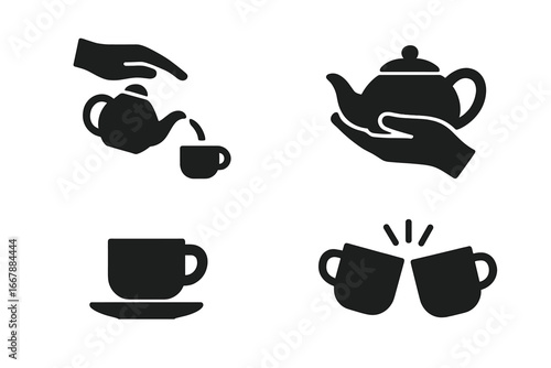 Tea ritual solid glyph icon set. Tea ceremony with pouring gesture, hands with teapot, and clinking cups. Beverage and hospitality concept. Black silhouette vector illustration.
