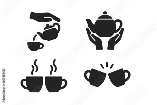 Tea ceremony and coffee break icons. Black solid glyph vector set of pouring tea, hands holding teapot, two steaming mugs and clinking cups for cheers. Beverage ritual concept.