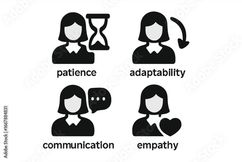 Teacher skills solid icon set. Soft skills glyph icons for business success. Patience, adaptability, communication, empathy pictograms. Vector for HR, training, education.