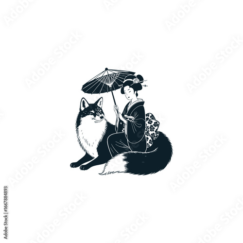 Engraving flat vector logo illustration of a geisha gracefully sitting on the back of a mighty fox lying down