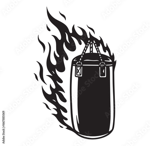 Silhouette punching bag surrounded by flames representing powerful boxing training