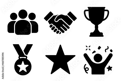 Team Success Icons Solid Filled Vector Set Including Group of People Handshake Trophy Medal Star Celebration Achievement Symbols on Transparent Background