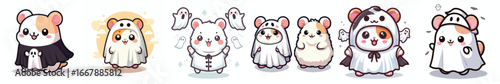 A little hamster wearing a cute Halloween-themed ghost costume. Vector, illustration, icon set.