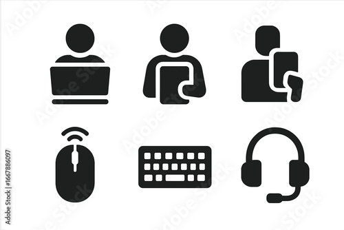 Solid tech usage icons set with employee using laptop, tablet, smartphone, wireless mouse, keyboard, headset, digital device silhouette vector illustration