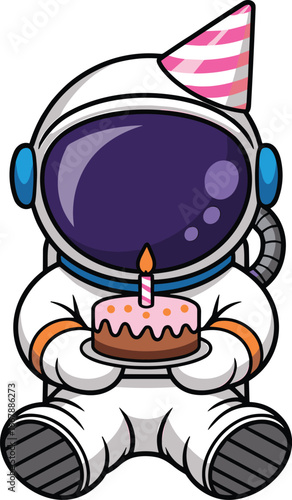 Cartoon astronaut with birthday cake and party hat — festive space character sitting in white suit for kids, celebration, and cosmic themes