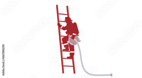 Creative and Symbolic Illustration of a Firefighter Climbing a Red Ladder with a Hose, Representing Emergency Response and Rescue Operations for Safety Campaigns or Training Materials