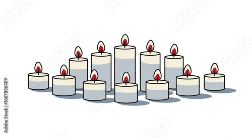 Elegant Arrangement of Nine White Tealight Candles with Red Flame, Romantic and Cozy Atmosphere for Celebrations, Holiday Decor, or Relaxing Moments, Perfect for Weddings, Festivals, or Ambient