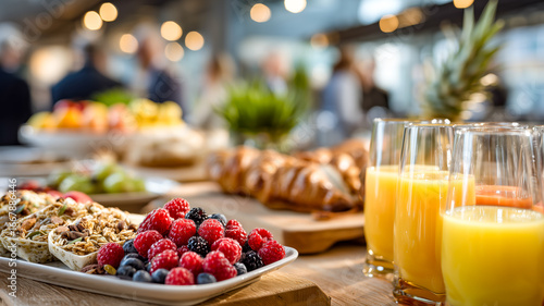 Delicious breakfast buffet with croissants, fruit, granola and juice. Perfect way to start the day with healthy and tasty options.