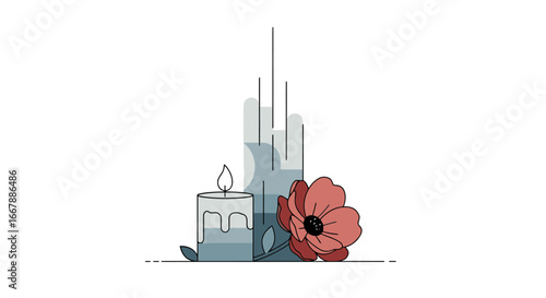 Elegant composition featuring a lit candle, a blooming red poppy flower, and abstract geometric shapes in shades of blue and gray creating a serene and contemplative mood ideal for relaxation,