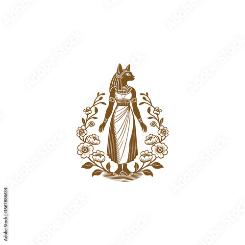 engraving logo illustration of Goddess Bastet standing gracefully, with blooming flowers growing at her feet. vector template