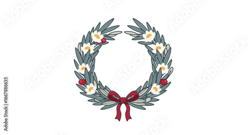 Elegant Laurel Wreath Illustration with White Flowers and Red Ribbon for Celebrations, Commemorations, Awards, and Decorative Occasions, Perfect for Festive Event Designs and Symbolic Decorations
